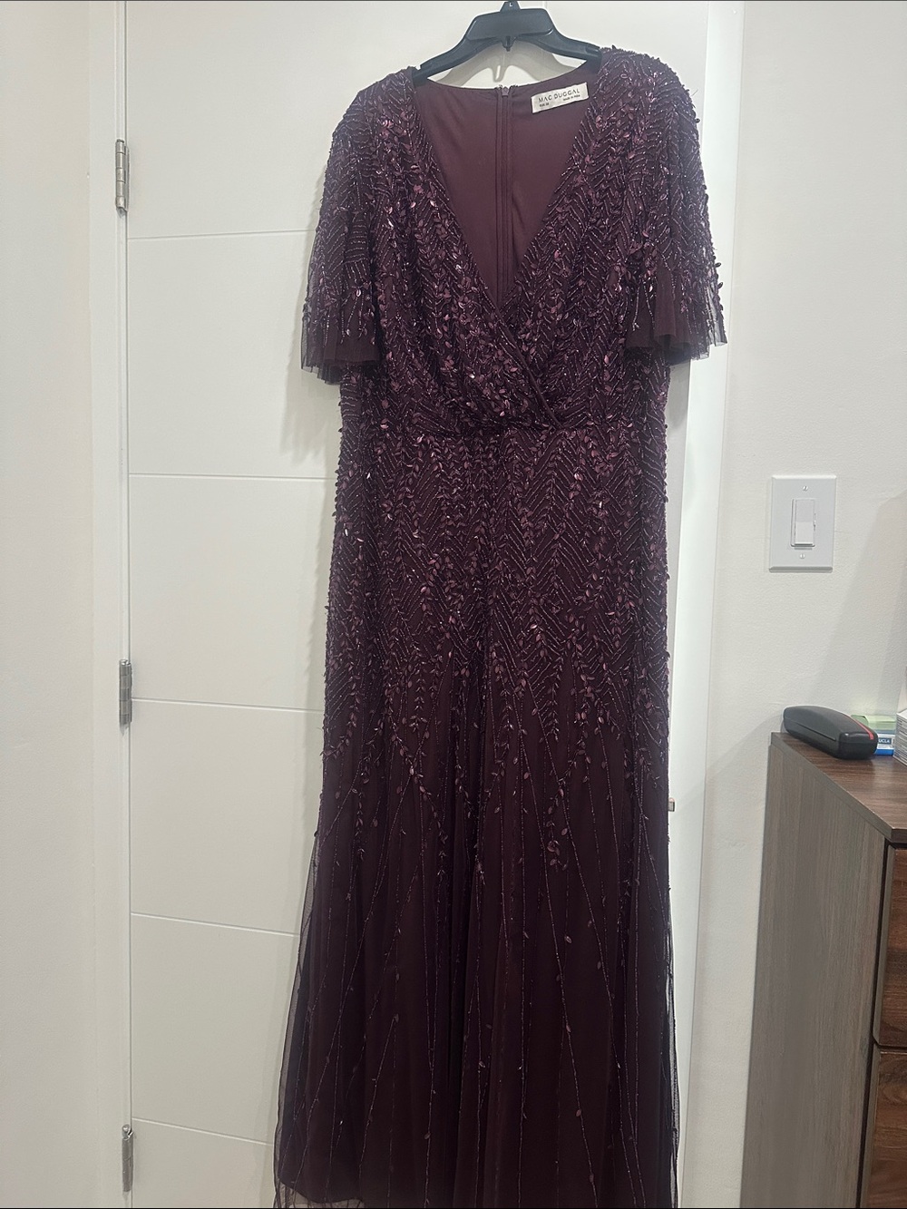 Mac Duggal Deep Plum Beaded V-Neck Maxi Gown
